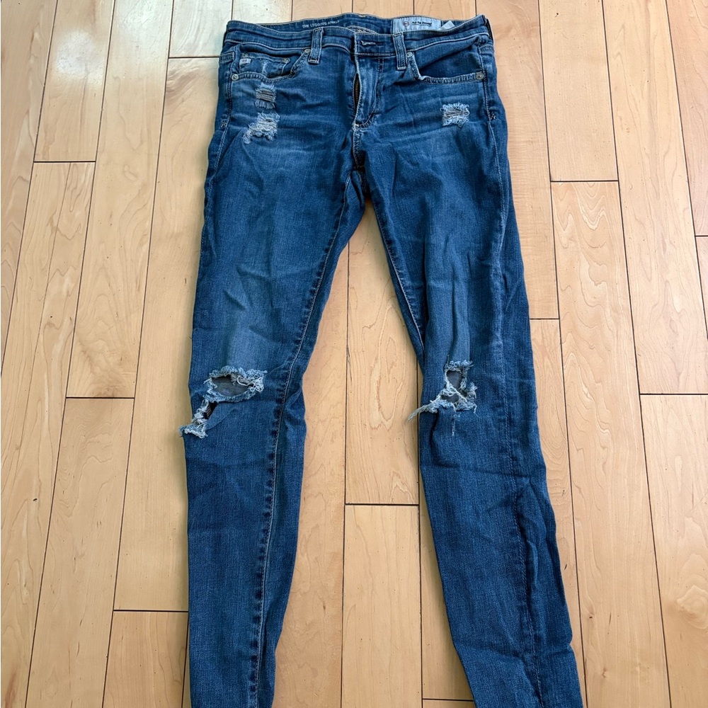 AG Adriano Goldschmied Distressed Skinny Jeans - Dark Blue